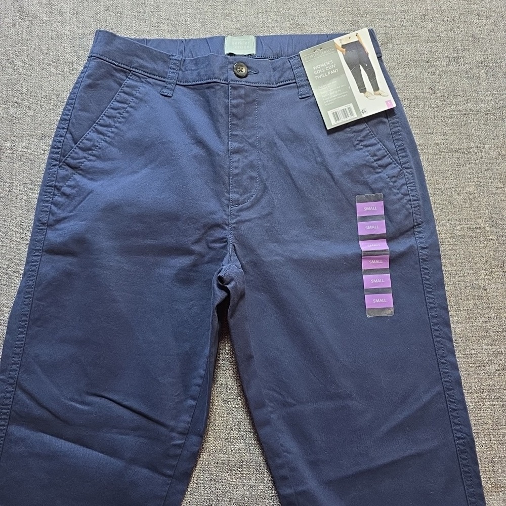 Berkley Jensen Women's Roll Cuff Twill Pant Small Blue NWT Elastic Back Waist